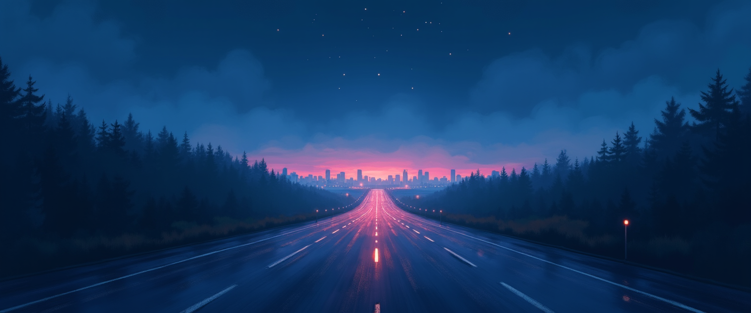Painterly night highway with violet and cyan light stretching toward the horizon.